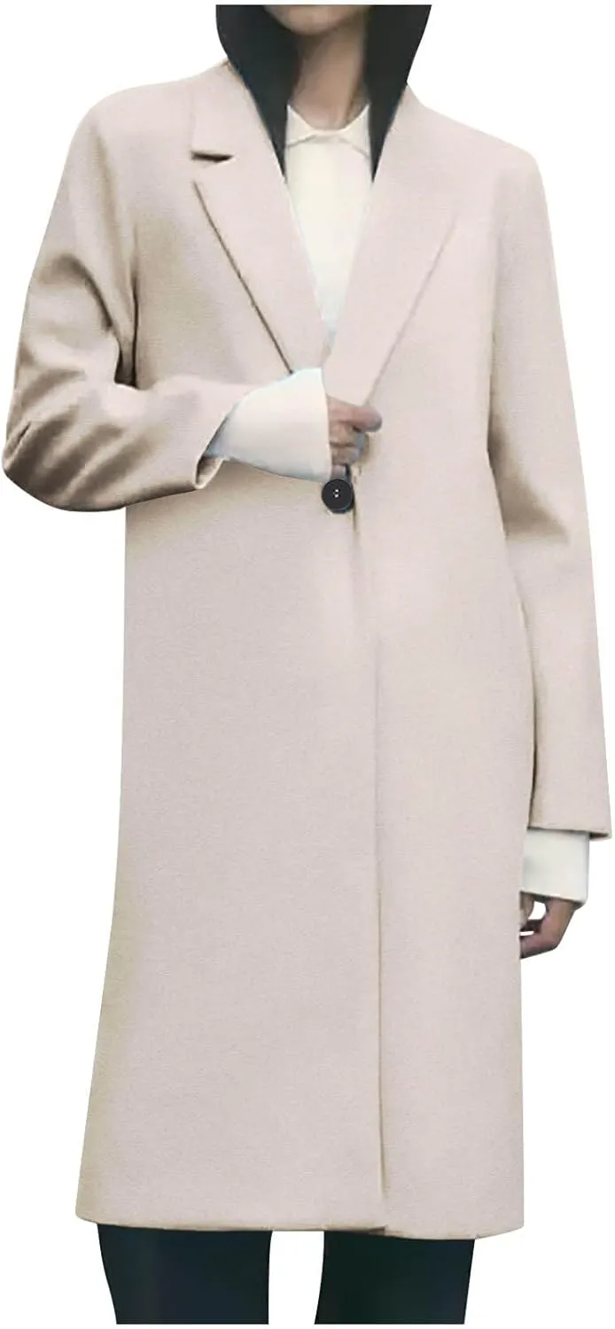 Womens Long Wool Blend Coat Notch Lapel One Button Trench Coat Midi Peacoat Outerwear Fall Winter Clothes