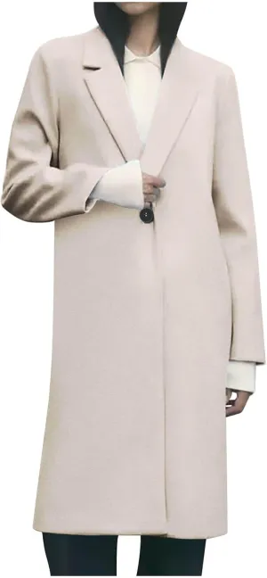 Womens Long Wool Blend Coat Notch Lapel One Button Trench Coat Midi Peacoat Outerwear Fall Winter Clothes