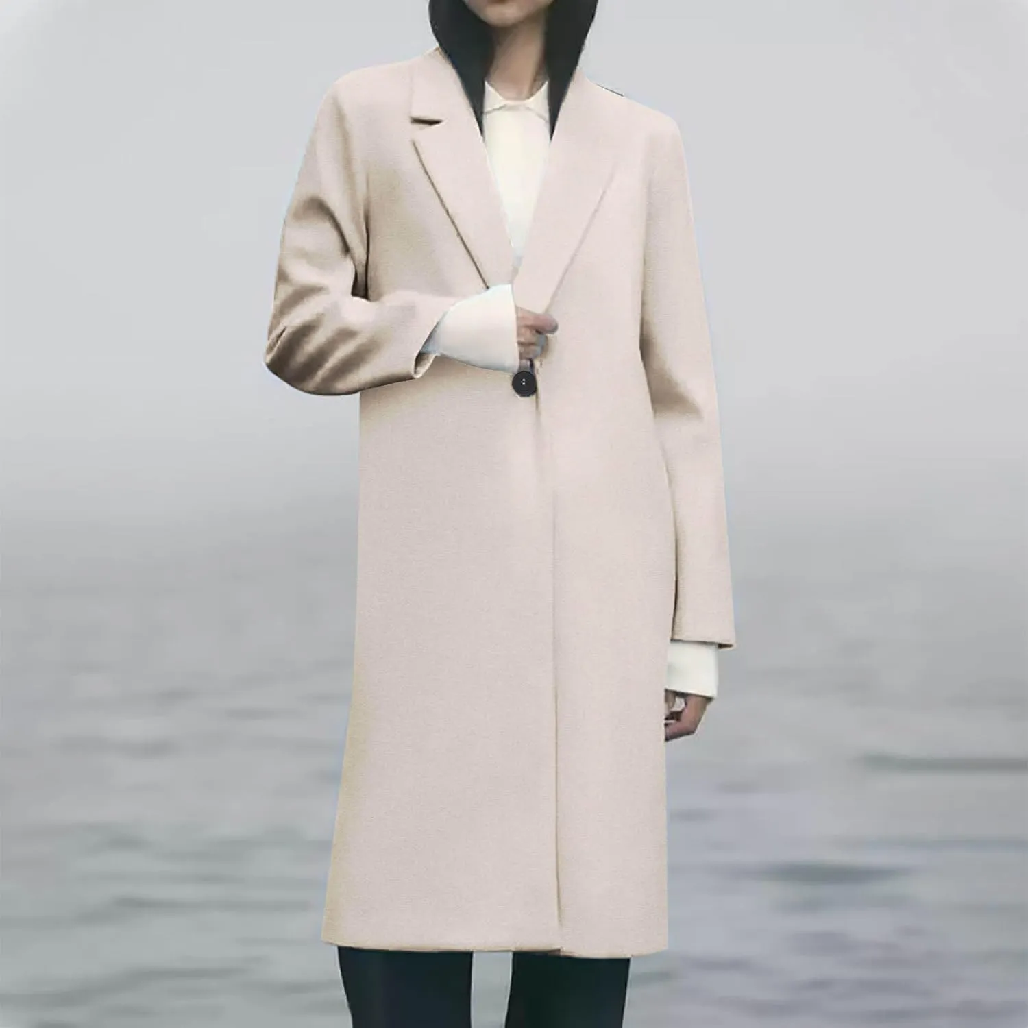 Womens Long Wool Blend Coat Notch Lapel One Button Trench Coat Midi Peacoat Outerwear Fall Winter Clothes