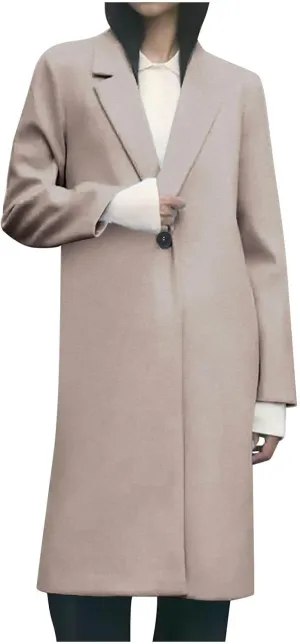 Womens Long Wool Blend Coat Notch Lapel One Button Trench Coat Midi Peacoat Outerwear Fall Winter Clothes