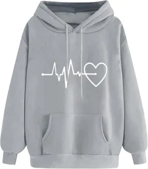 Womens Loose Fit Long Sleeve Comfy Hoodies Love Heart Graphic Sweatshirts Fashion Cute Pullover Tops with Pocket