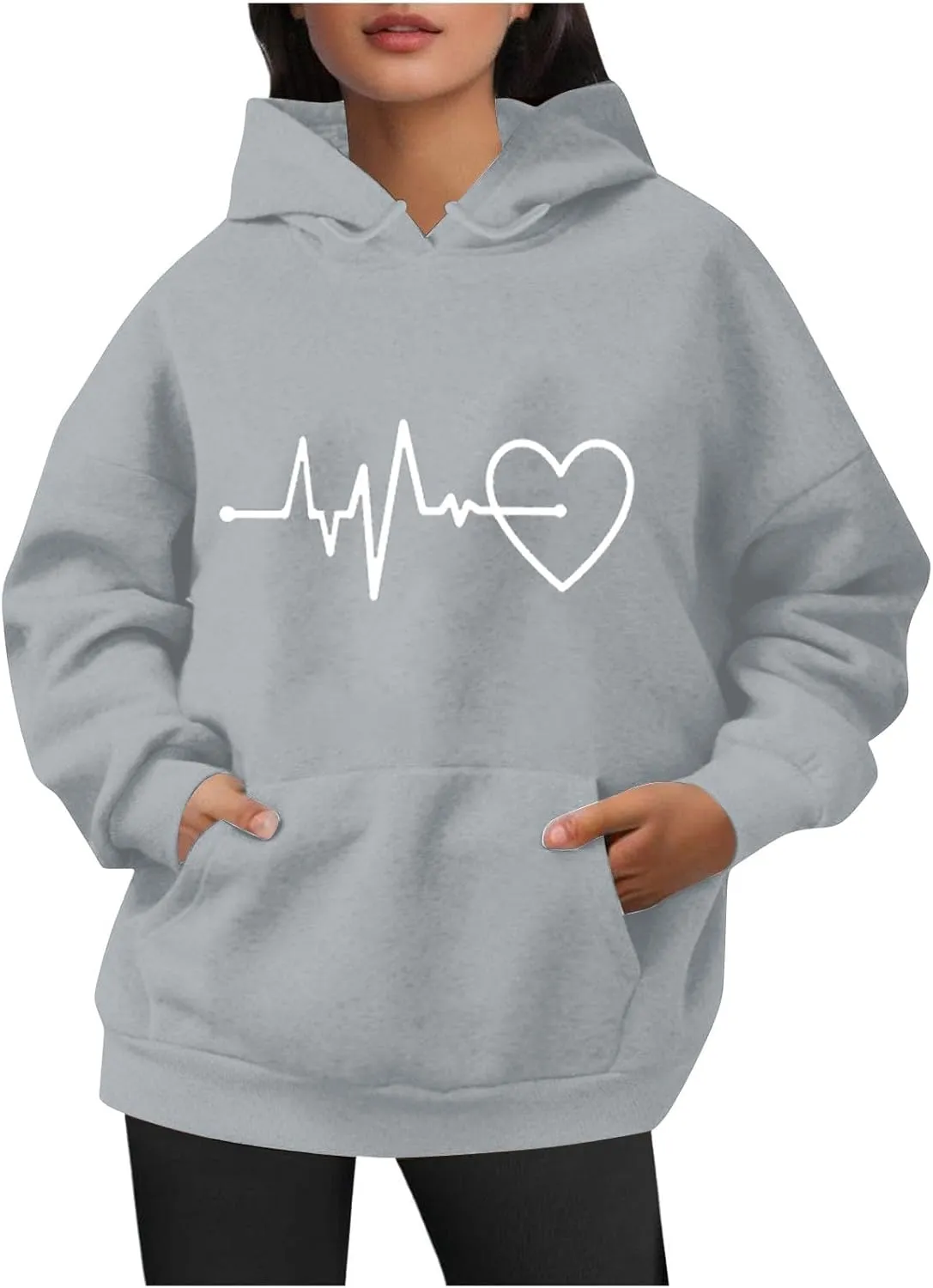 Womens Loose Fit Long Sleeve Comfy Hoodies Love Heart Graphic Sweatshirts Fashion Cute Pullover Tops with Pocket