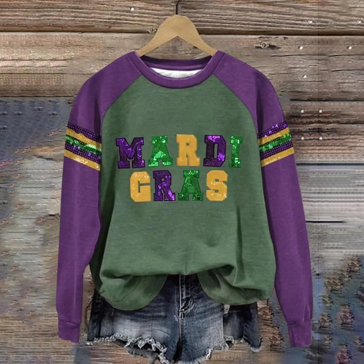 Womens Mardi Gras Sweatshirt Holiday Party Sequin Cozy Printed Trendy Blouse Street Sports Hiking Casual Pullover Top