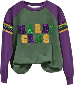 Womens Mardi Gras Sweatshirt Holiday Party Sequin Cozy Printed Trendy Blouse Street Sports Hiking Casual Pullover Top