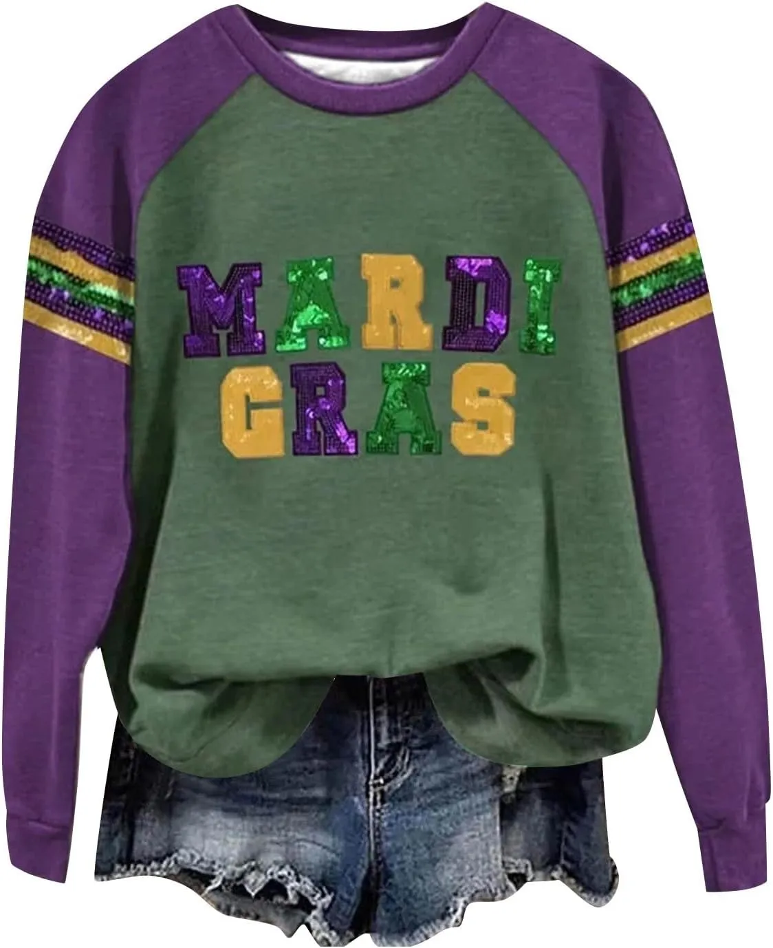 Womens Mardi Gras Sweatshirt Holiday Party Sequin Cozy Printed Trendy Blouse Street Sports Hiking Casual Pullover Top