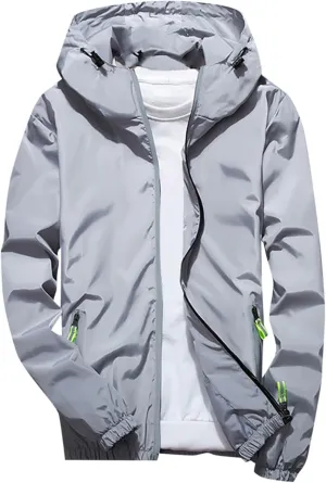 Womens Mens Lightweight Jackets Reflective Zip Outdoor Sport Coats Casual Pure Color Utility Work Hoodies Plus Size
