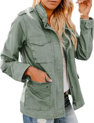 Womens Military Anorak Jacket Lapel Zip Up Snap Button Parka Outdoor Utility Lightweight Fields Outwear with Pockets