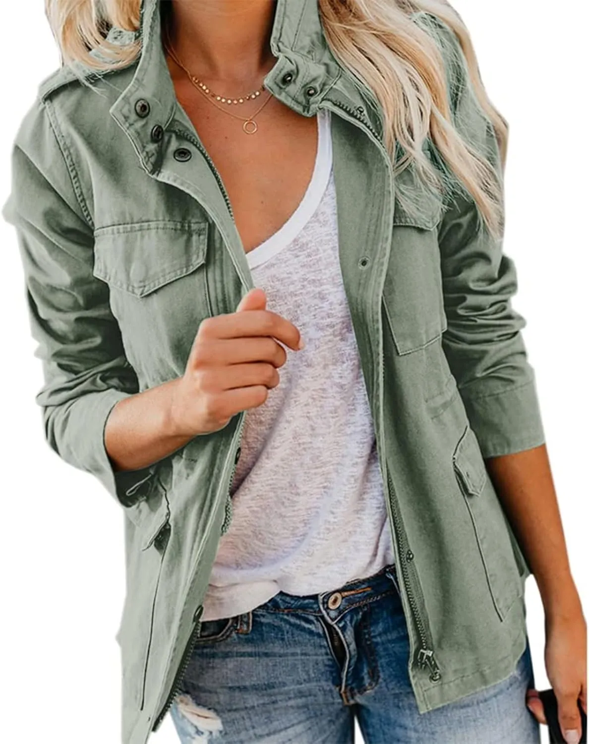 Womens Military Anorak Jacket Lapel Zip Up Snap Button Parka Outdoor Utility Lightweight Fields Outwear with Pockets