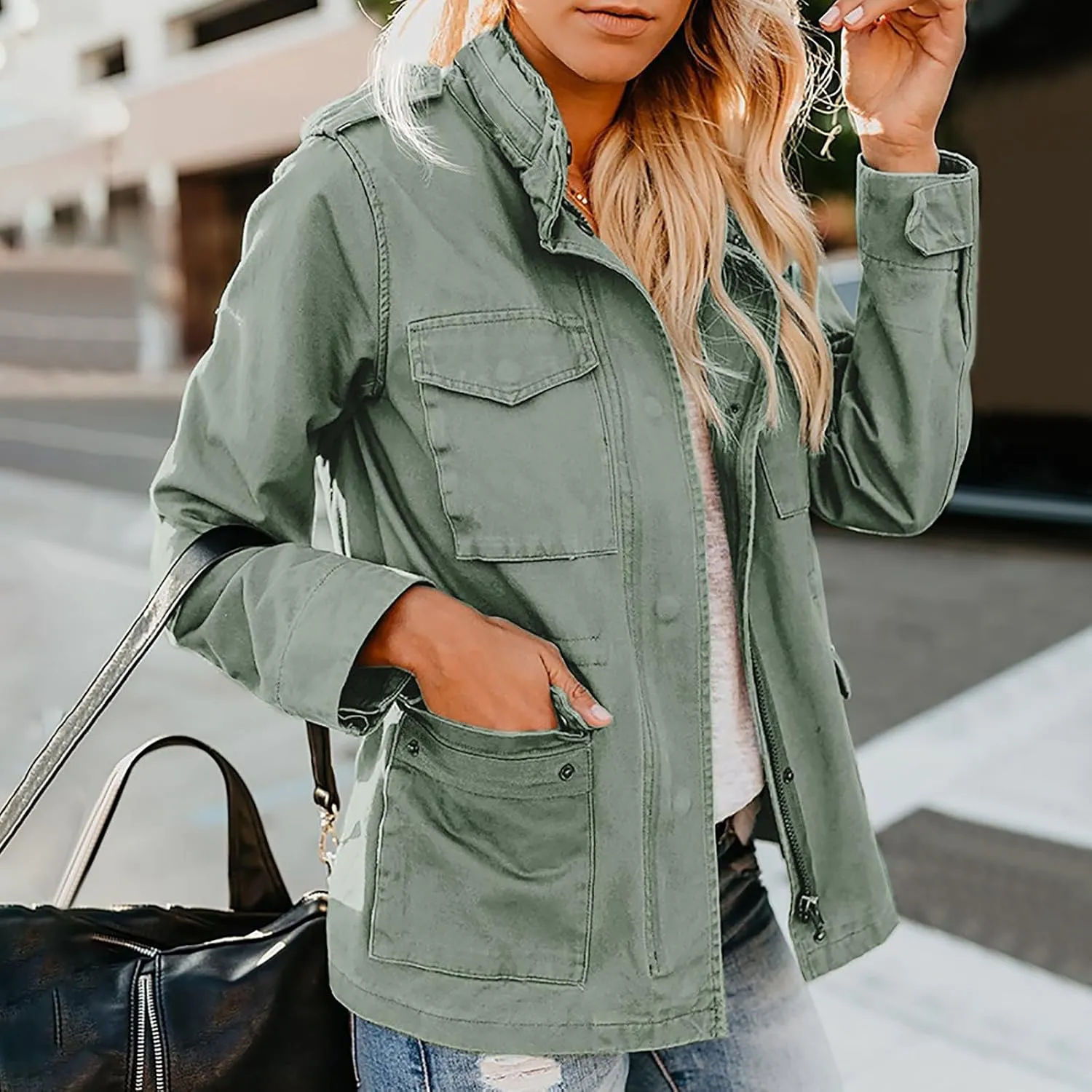 Womens Military Anorak Jacket Lapel Zip Up Snap Button Parka Outdoor Utility Lightweight Fields Outwear with Pockets