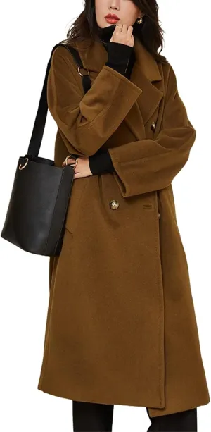Women's Notch Lapel Double Breasted Wool Blend Pea Trench Coat Wool Blend Camel Mid-Long Coat