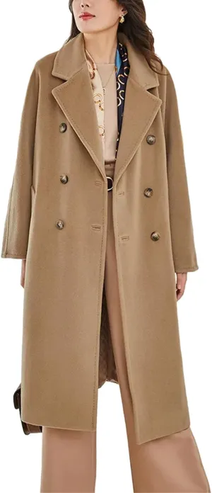 Women's Notch Lapel Double Breasted Wool Blend Pea Trench Coat Wool Blend Camel Mid-Long Coat