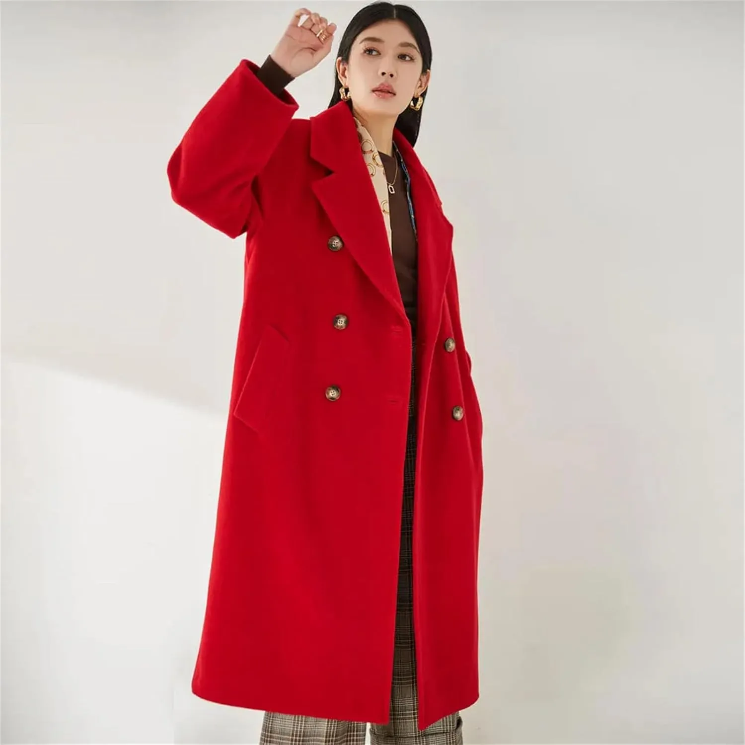 Women's Notch Lapel Double Breasted Wool Blend Pea Trench Coat Wool Blend Camel Mid-Long Coat