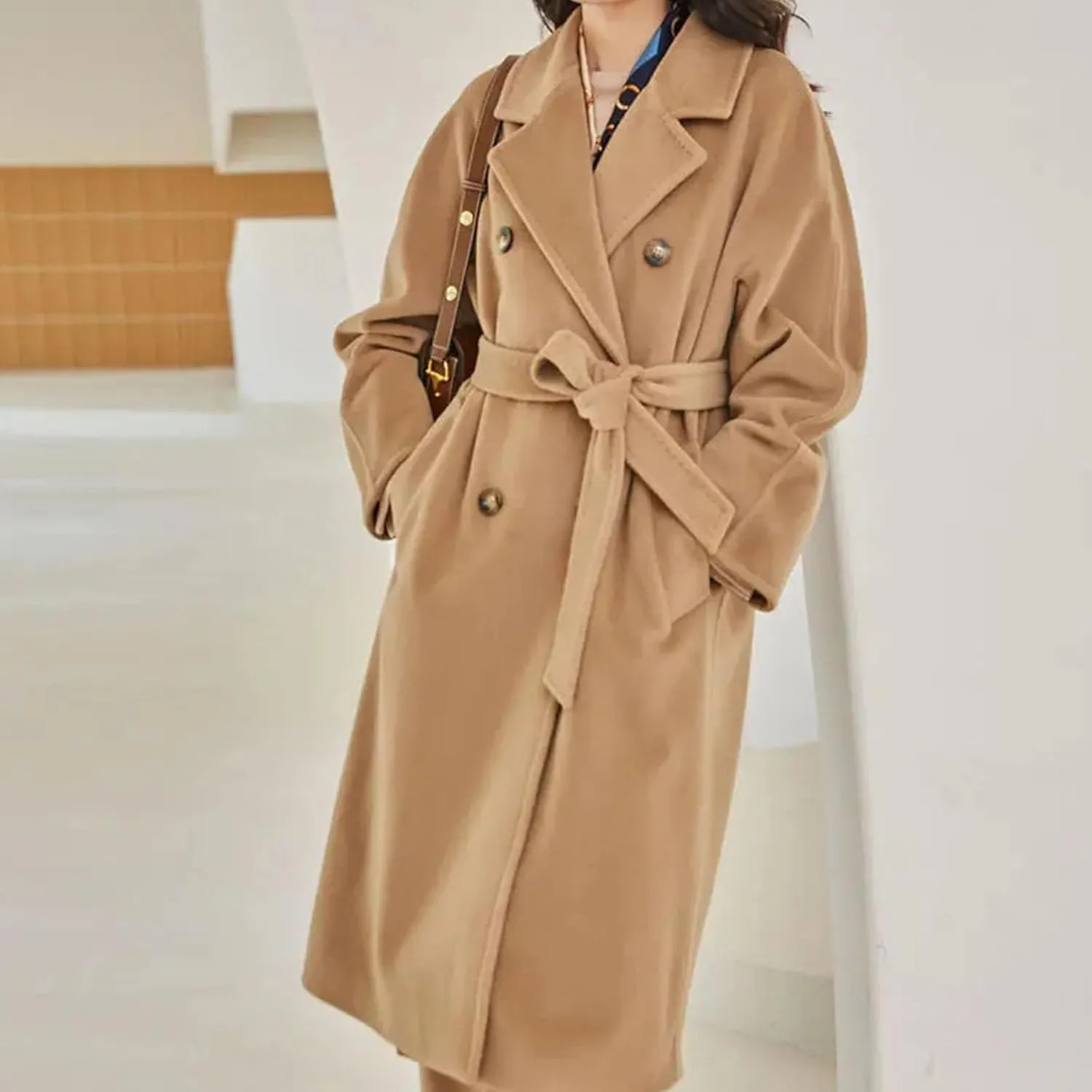 Women's Notch Lapel Double Breasted Wool Blend Pea Trench Coat Wool Blend Camel Mid-Long Coat