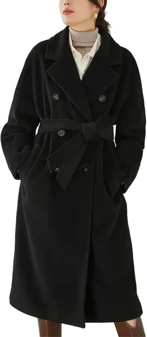 Women's Notch Lapel Double Breasted Wool Blend Pea Trench Coat Wool Blend Camel Mid-Long Coat