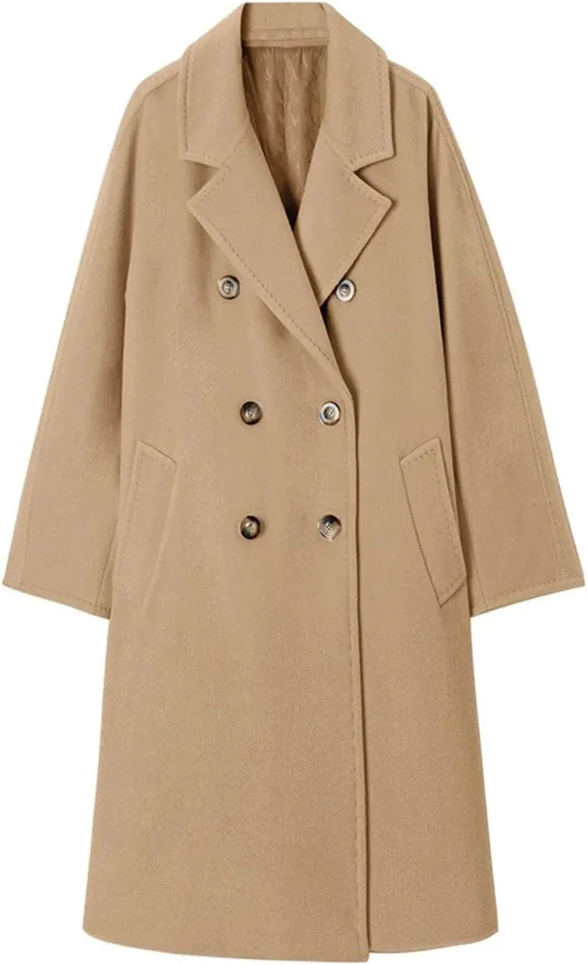 Women's Notch Lapel Double Breasted Wool Blend Pea Trench Coat Wool Blend Camel Mid-Long Coat