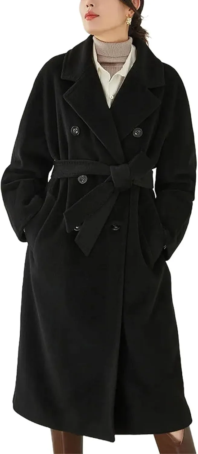 Women's Notch Lapel Double Breasted Wool Blend Pea Trench Coat Wool Blend Camel Mid-Long Coat