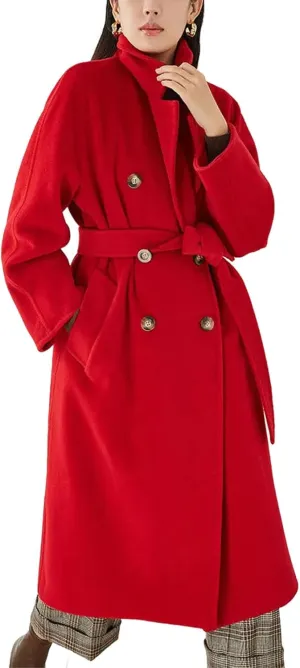 Women's Notch Lapel Double Breasted Wool Blend Pea Trench Coat Wool Blend Camel Mid-Long Coat