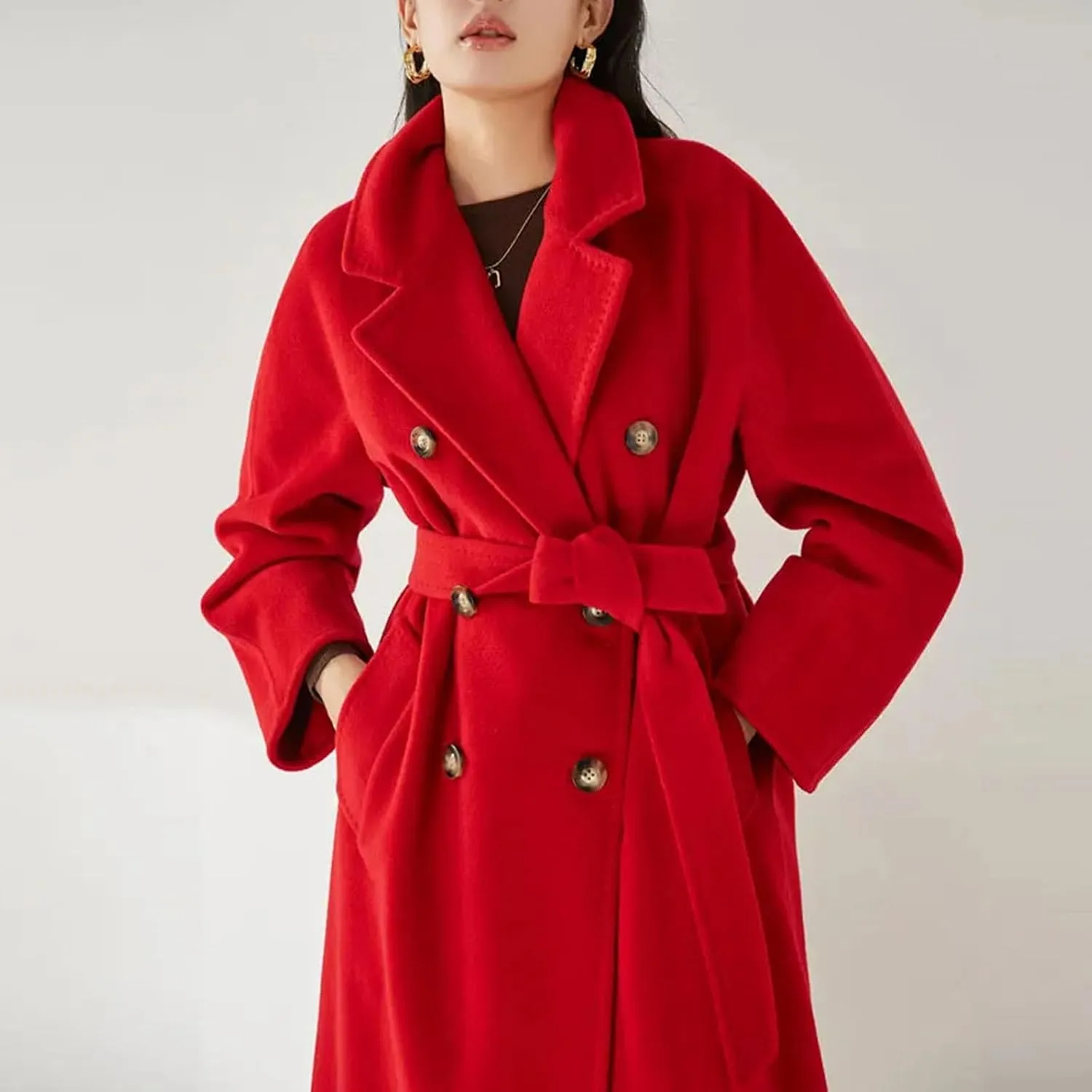Women's Notch Lapel Double Breasted Wool Blend Pea Trench Coat Wool Blend Camel Mid-Long Coat