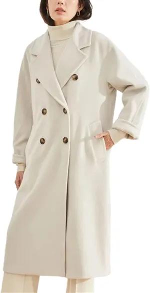 Women's Notch Lapel Double Breasted Wool Blend Pea Trench Coat Wool Blend Camel Mid-Long Coat