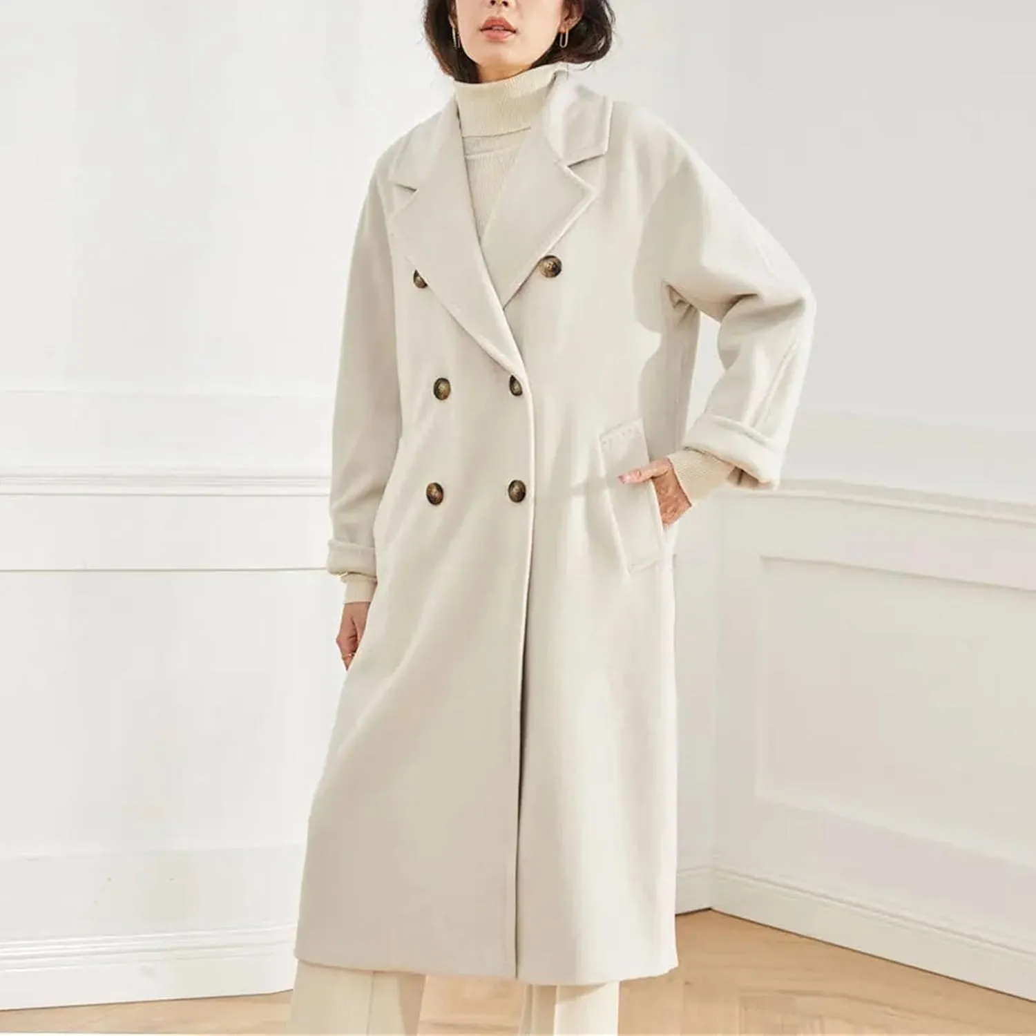 Women's Notch Lapel Double Breasted Wool Blend Pea Trench Coat Wool Blend Camel Mid-Long Coat