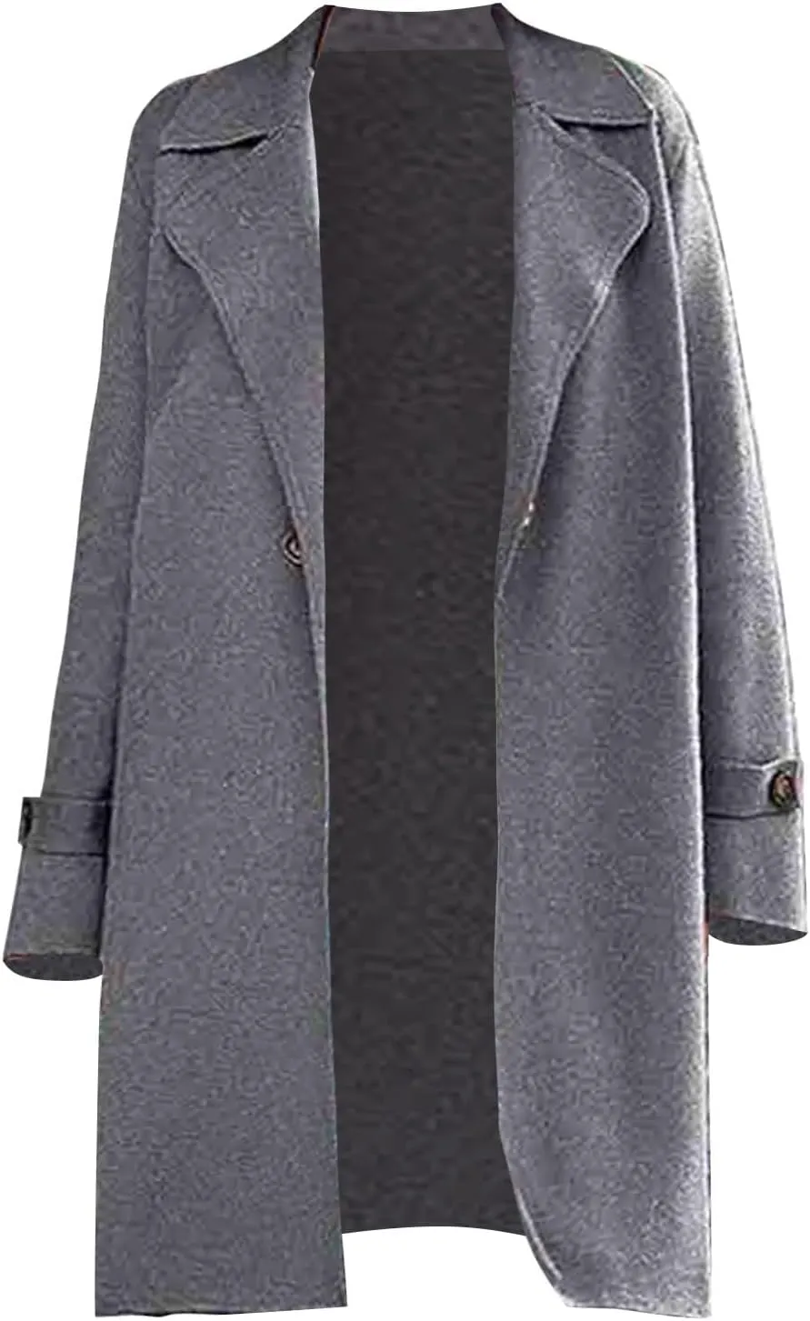 Womens Notched Shawl Collar Overcoat Botton Down Coats Wool Blend Mid Long Pea Trench Coat