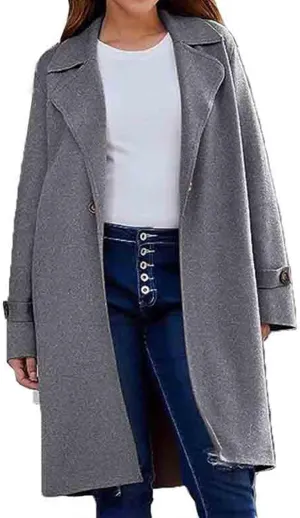 Womens Notched Shawl Collar Overcoat Botton Down Coats Wool Blend Mid Long Pea Trench Coat