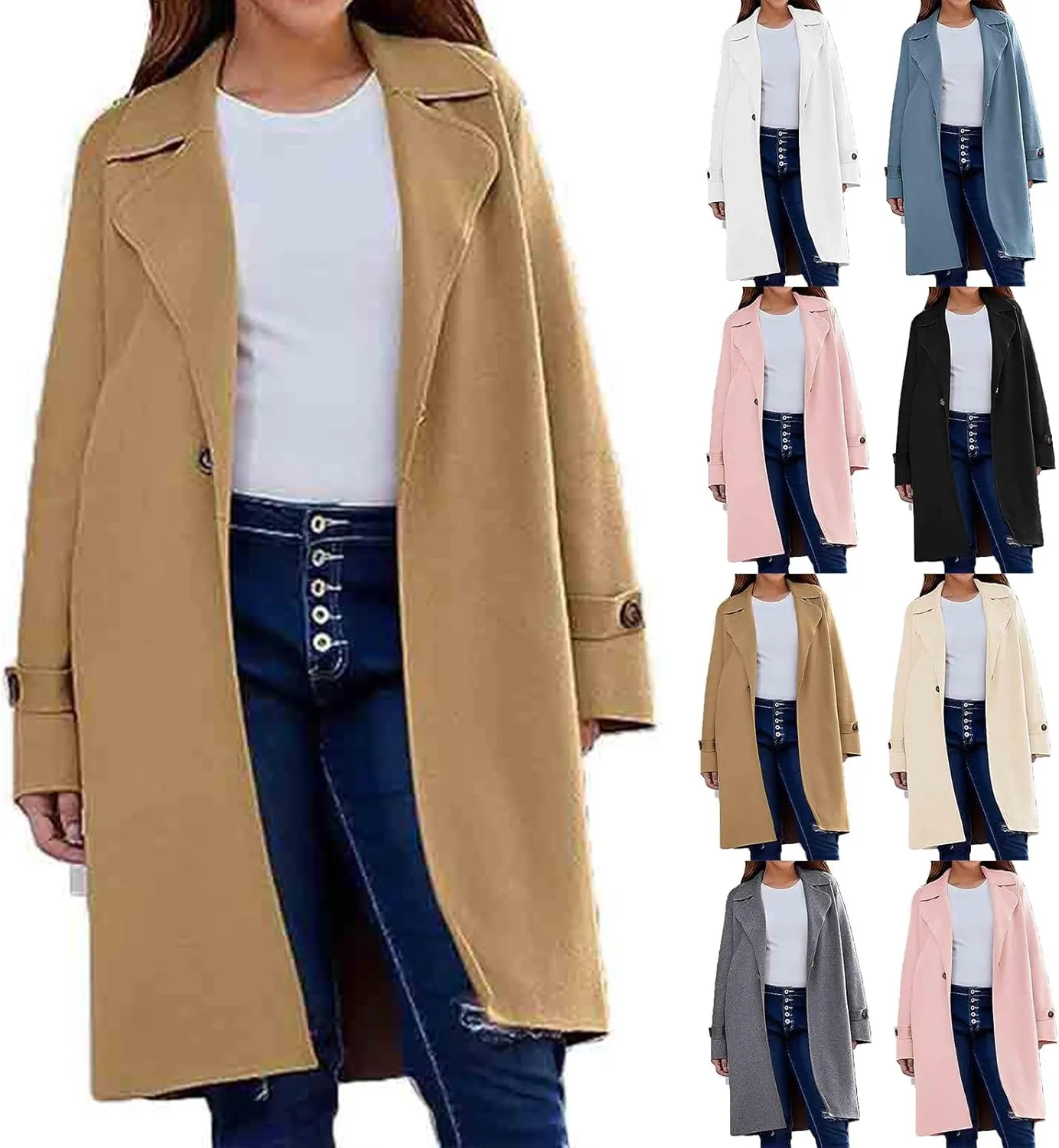 Womens Notched Shawl Collar Overcoat Botton Down Coats Wool Blend Mid Long Pea Trench Coat