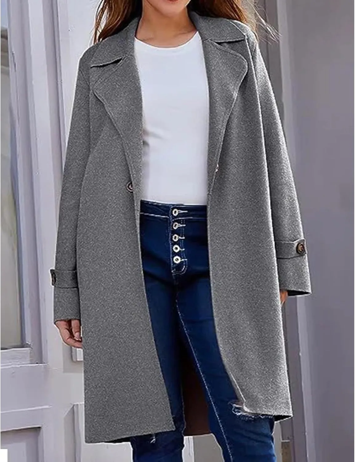 Womens Notched Shawl Collar Overcoat Botton Down Coats Wool Blend Mid Long Pea Trench Coat