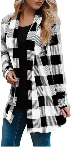 Women's Open Front Cardigan Casual Lightweight Long Sleeve Kimono Cardigans Buffalo Plaid Shirt Comfy Soft Outwear
