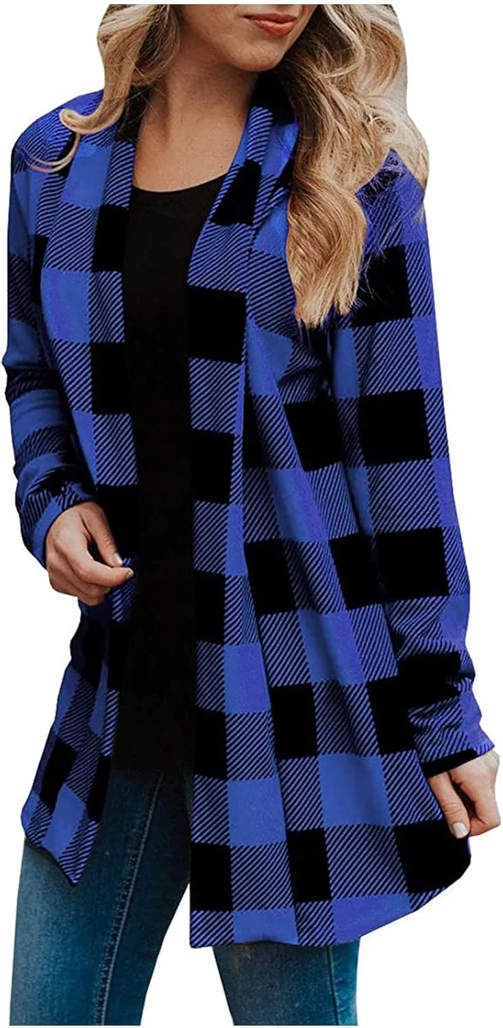 Women's Open Front Cardigan Casual Lightweight Long Sleeve Kimono Cardigans Buffalo Plaid Shirt Comfy Soft Outwear