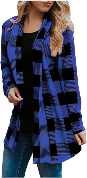 Women's Open Front Cardigan Casual Lightweight Long Sleeve Kimono Cardigans Buffalo Plaid Shirt Comfy Soft Outwear