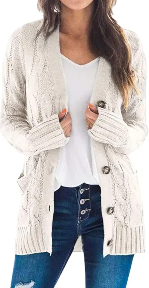 Womens Open Front Cardigan Sweater Cable Knit Chunky Outerwear Coats Button Down Cardigans