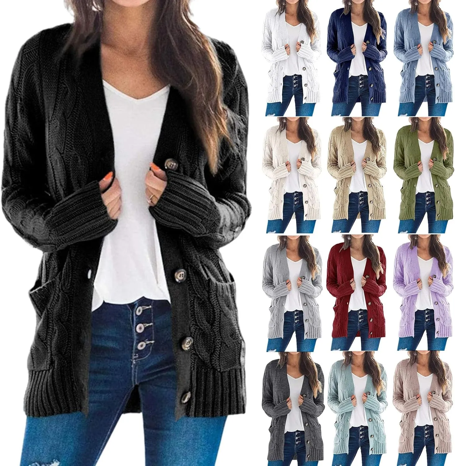 Womens Open Front Cardigan Sweater Cable Knit Chunky Outerwear Coats Button Down Cardigans