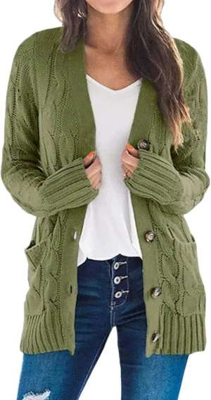 Womens Open Front Cardigan Sweater Cable Knit Chunky Outerwear Coats Button Down Cardigans
