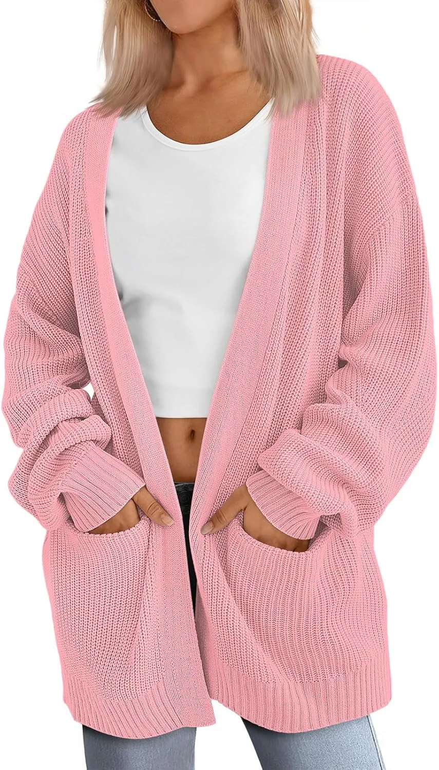 Womens Oversized Cardigan Casual Knit V Neck Open Front Cardigan Sweater Winter Warm Long Sleeve Jacket