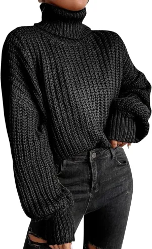 Womens Oversized Cropped Turtleneck Sweater Cable Knit Pullover Sweater Jumper Soft Cozy Slouchy Loose Cute Sweaters