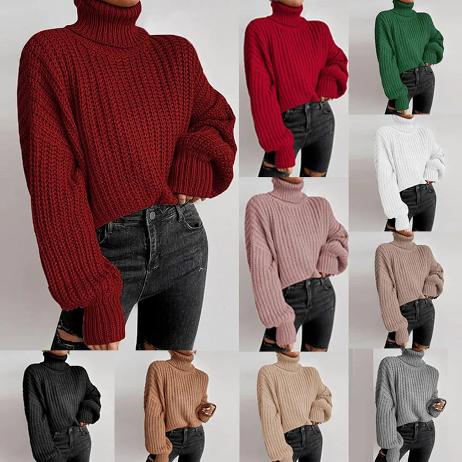 Womens Oversized Cropped Turtleneck Sweater Cable Knit Pullover Sweater Jumper Soft Cozy Slouchy Loose Cute Sweaters