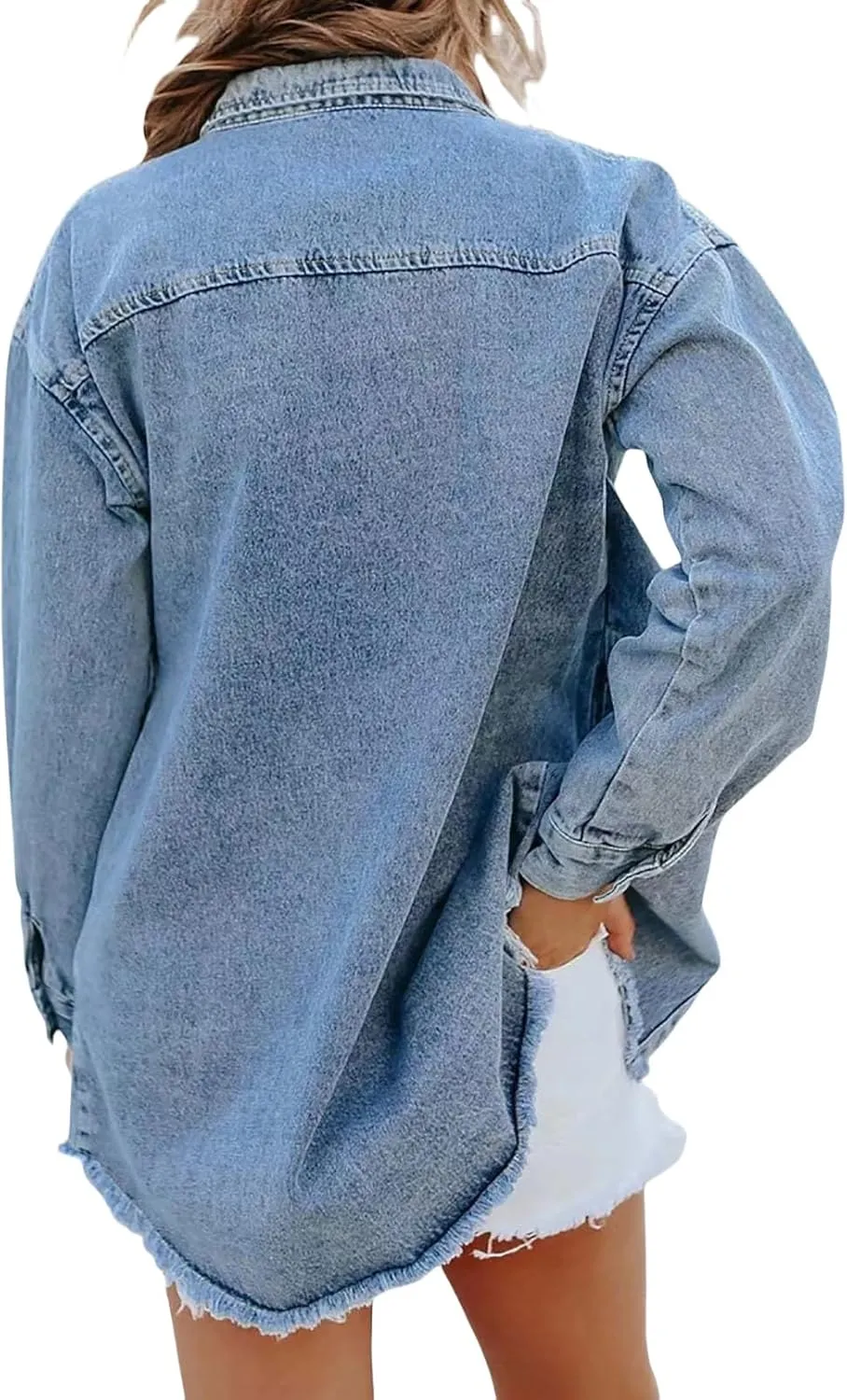 Womens Oversized Denim Jacket Casual Long Boyfriend Button Down Distressed Jean Jacket Fall Shacket Jacket