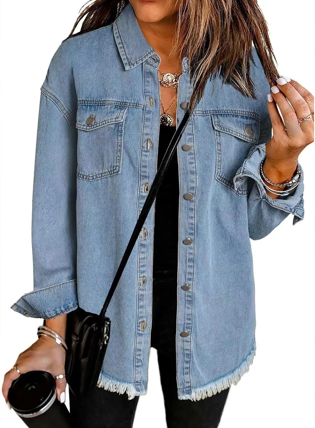 Womens Oversized Denim Jacket Casual Long Boyfriend Button Down Distressed Jean Jacket Fall Shacket Jacket