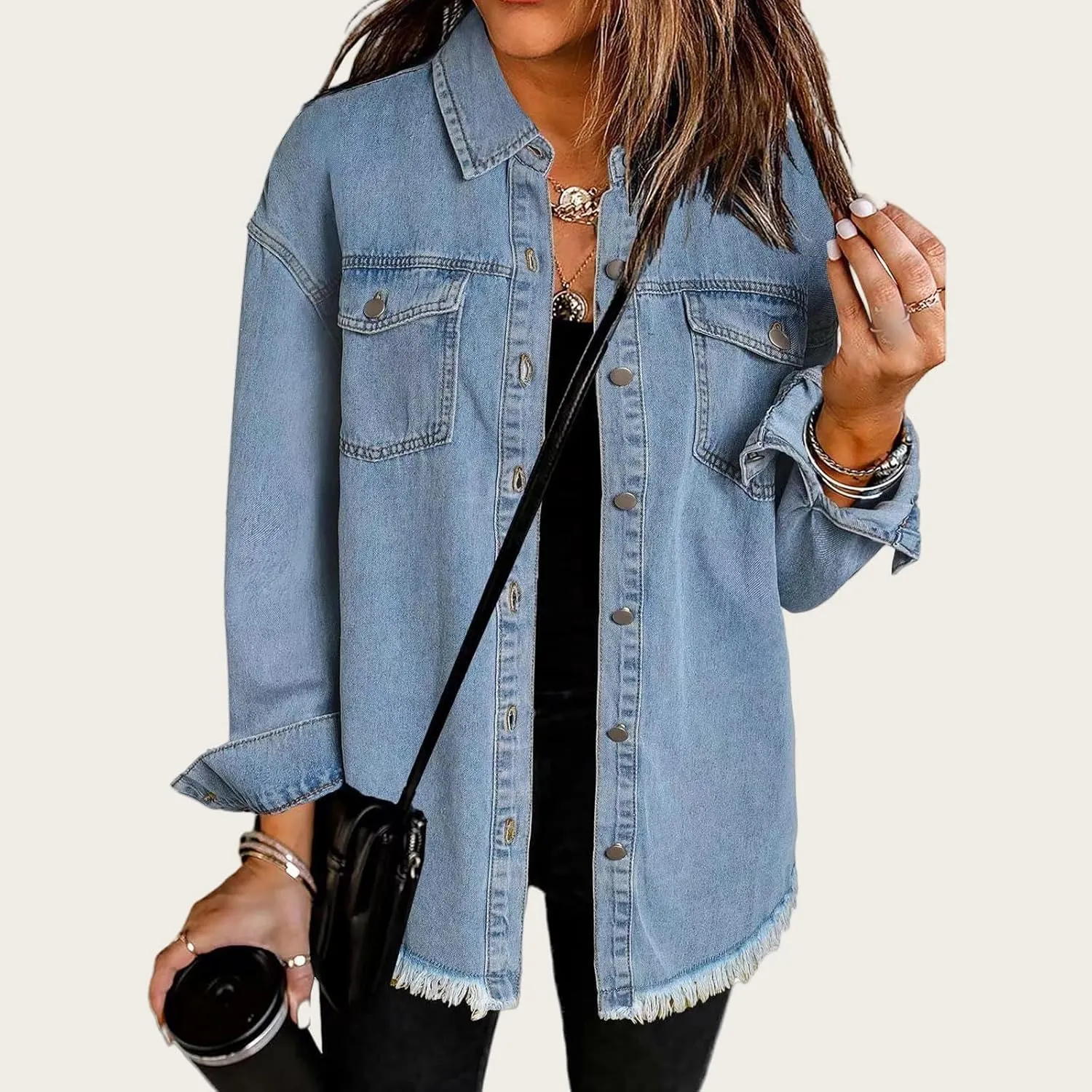 Womens Oversized Denim Jacket Casual Long Boyfriend Button Down Distressed Jean Jacket Fall Shacket Jacket