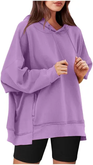 Womens Oversized Hoodie Sweatshirt Solid Color Drawstring Pullover Tops Casual Loose Fleece Comfy Sweater Blouses