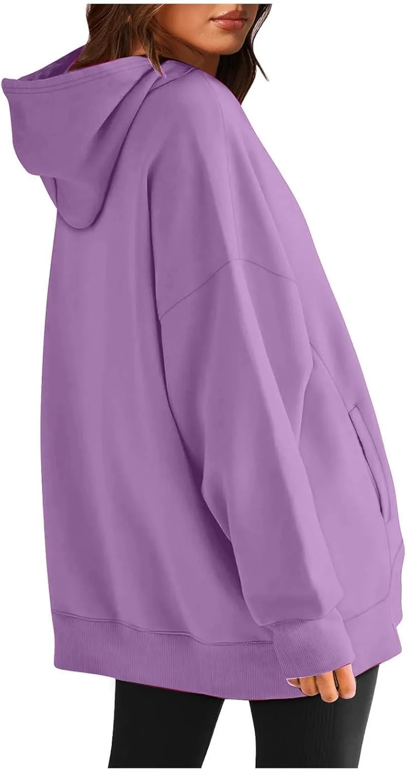 Womens Oversized Hoodie Sweatshirt Solid Color Drawstring Pullover Tops Casual Loose Fleece Comfy Sweater Blouses