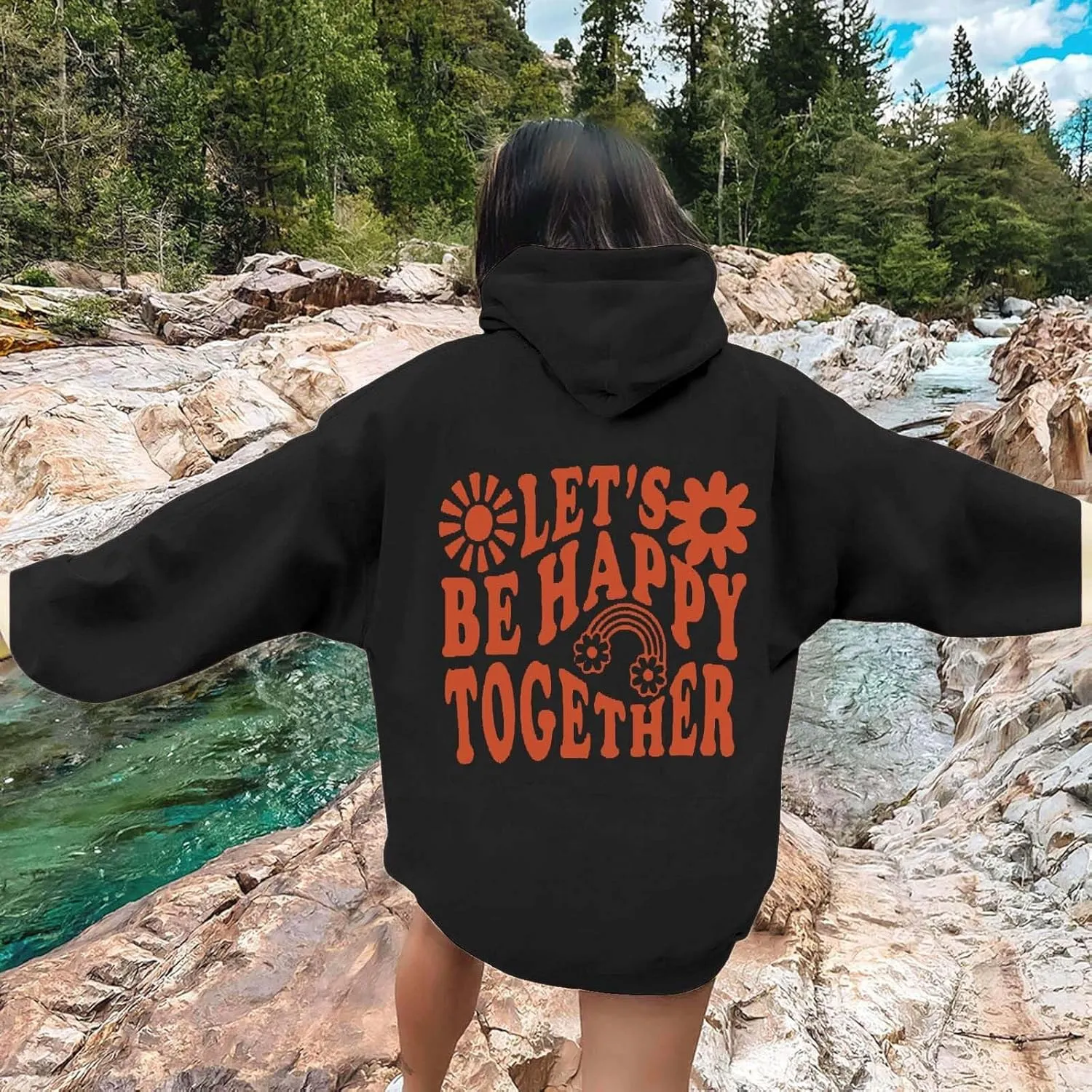 Womens Oversized Hoodies Cute Floral Graphic Hoodie Casual Letter Print Sweatshirt Winter Preppy Pullover Teen Girls