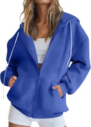 Women's Oversized Sweatshirts Loose Fit Winter Casual Trendy Long Sleeve Zipper Hooded Solid Fleece Cardigan, S-2XL