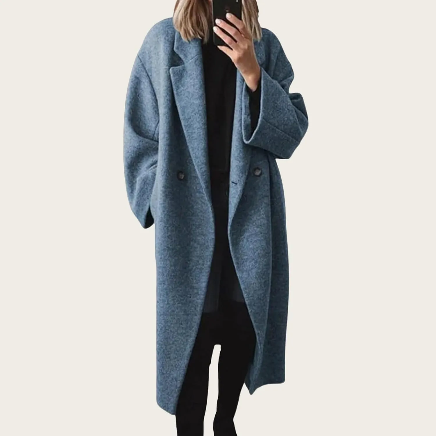 Women's Oversized Wool Blend Coat Lightweight Notched Collar Button Down Lapel Long Trench Coat Business Pea Coat