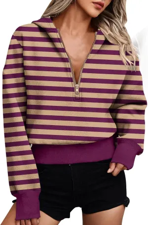 Women's Overszied Striped Sweatshirts Long Sleeve Half Zip Up Hoodies Winter Comfort Hoodies Y2K Fashion Cropped Clothes