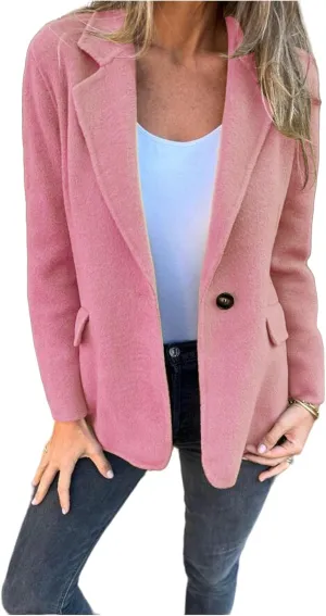 Womens Pea Coat Lapel Button Down Blazer Jacket Wool Blend Business Coat Causal Long Sleeve Office Outerwear