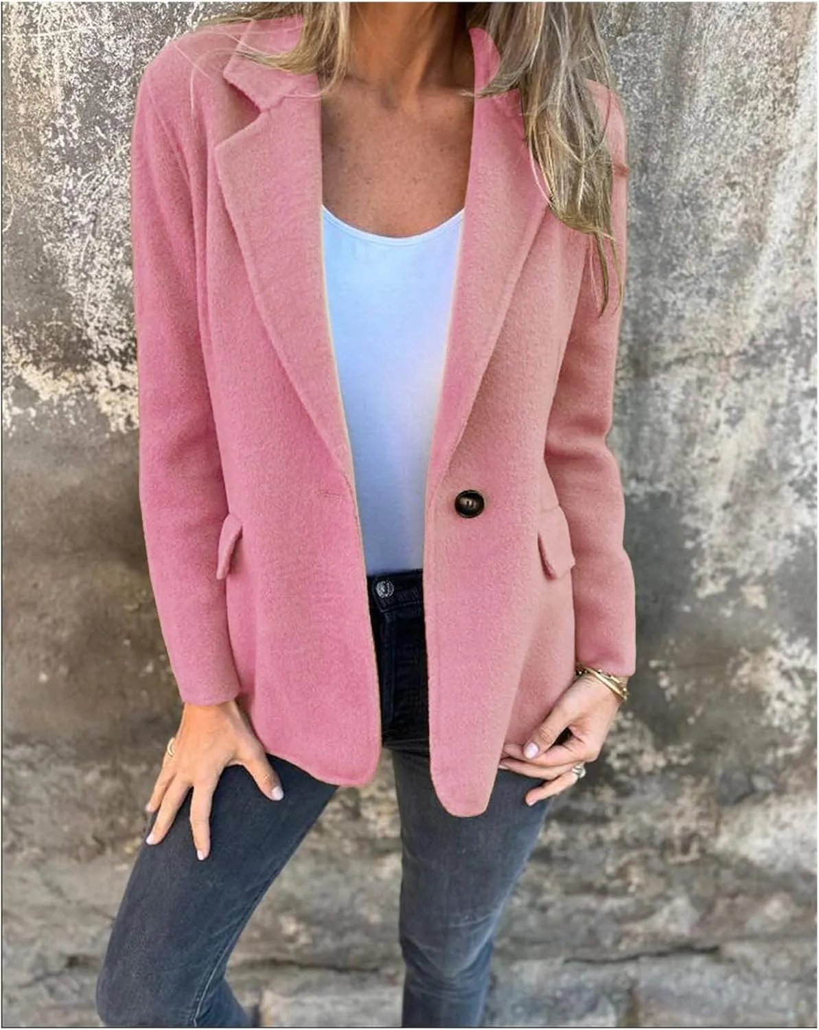 Womens Pea Coat Lapel Button Down Blazer Jacket Wool Blend Business Coat Causal Long Sleeve Office Outerwear