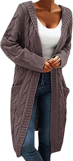 Womens Plain Chunky Open Front Cardigan with Hood Oversized Cable Knit Sweaters Solid Color Long Sweater Coats
