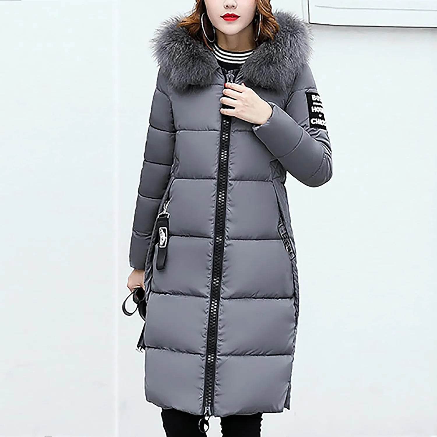 Womens Puffer Jacket Packable Down Coat Button Padded Quilted Outwear With Faux Fur Hood Thicken Fleece Lined Jackets